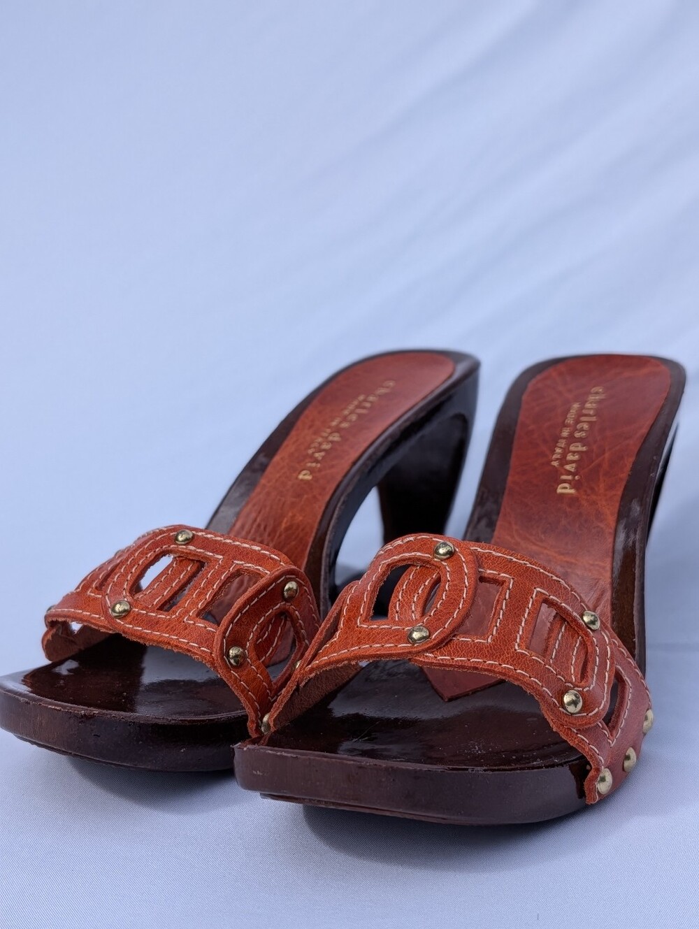 Vintage Charles David Wood & Leather Wedge Sandal Heels